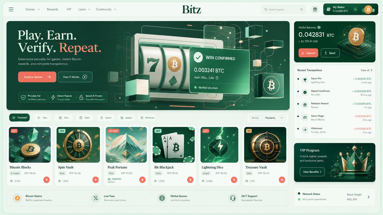 Bitz casino homepage screenshot showing wallet widget and game tiles