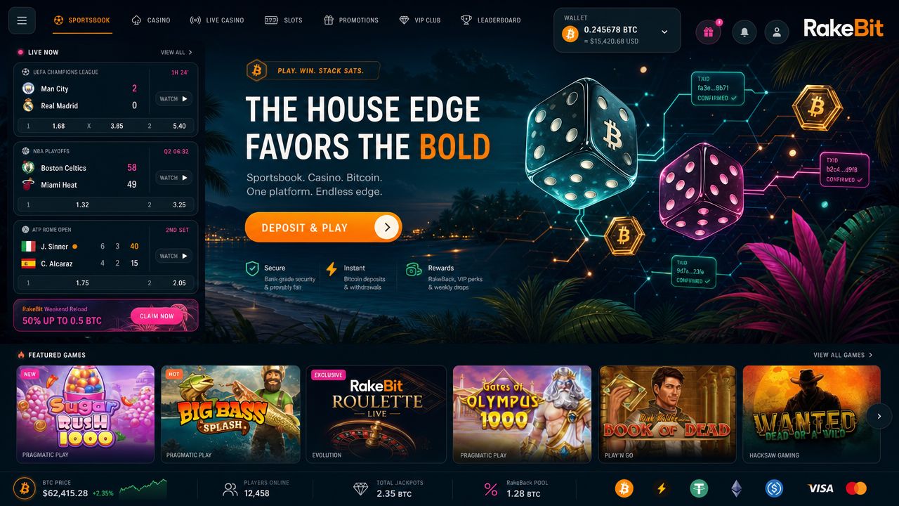 Rakebit Bitcoin casino desktop mockup with teal, orange and fuchsia interface