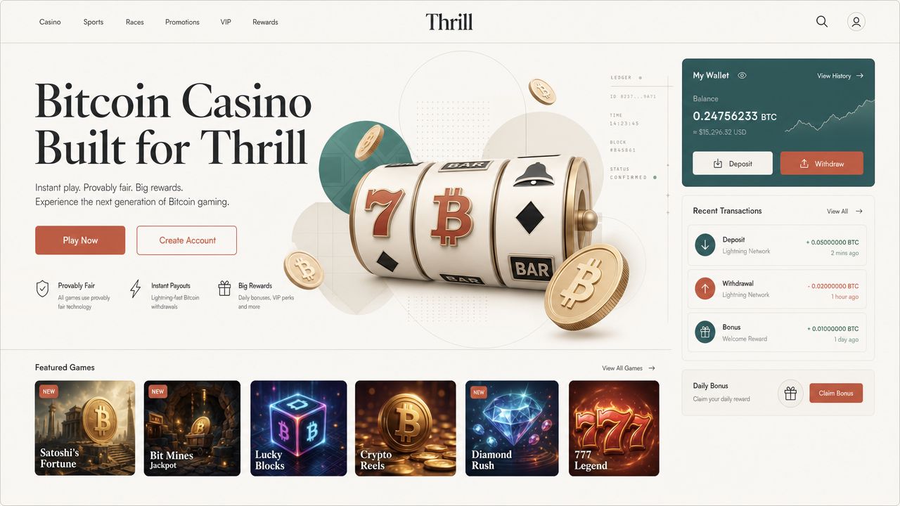 Thrill casino homepage mockup with Bitcoin wallet widget, slot reels, and game thumbnails