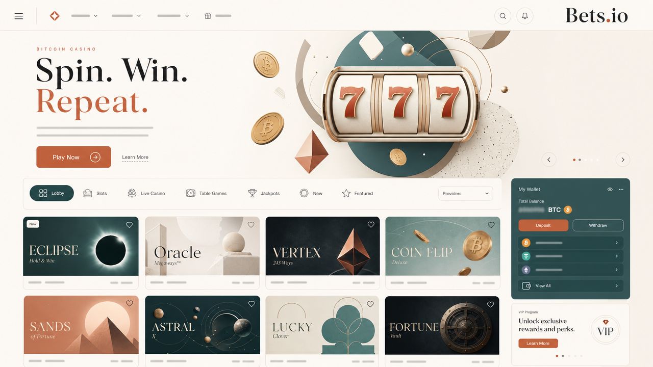 Editorial mockup of the Bets.io Bitcoin casino homepage