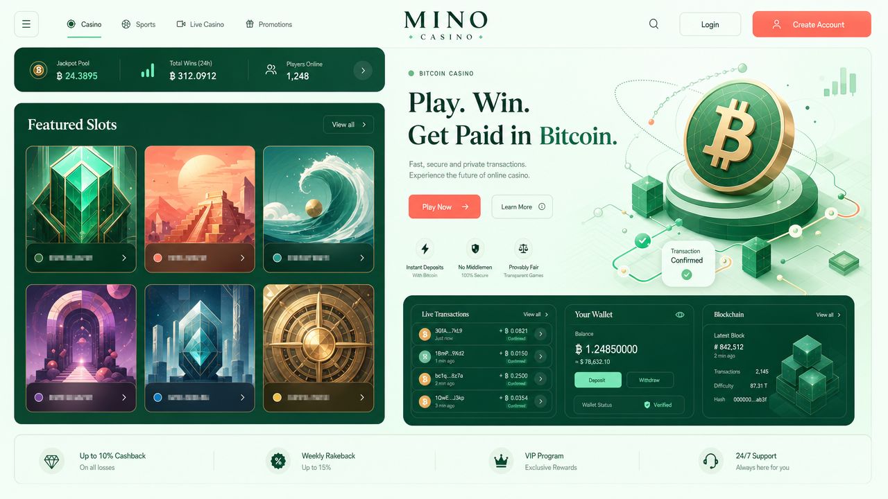 Mino Casino homepage mockup showing Bitcoin cashier and game grid